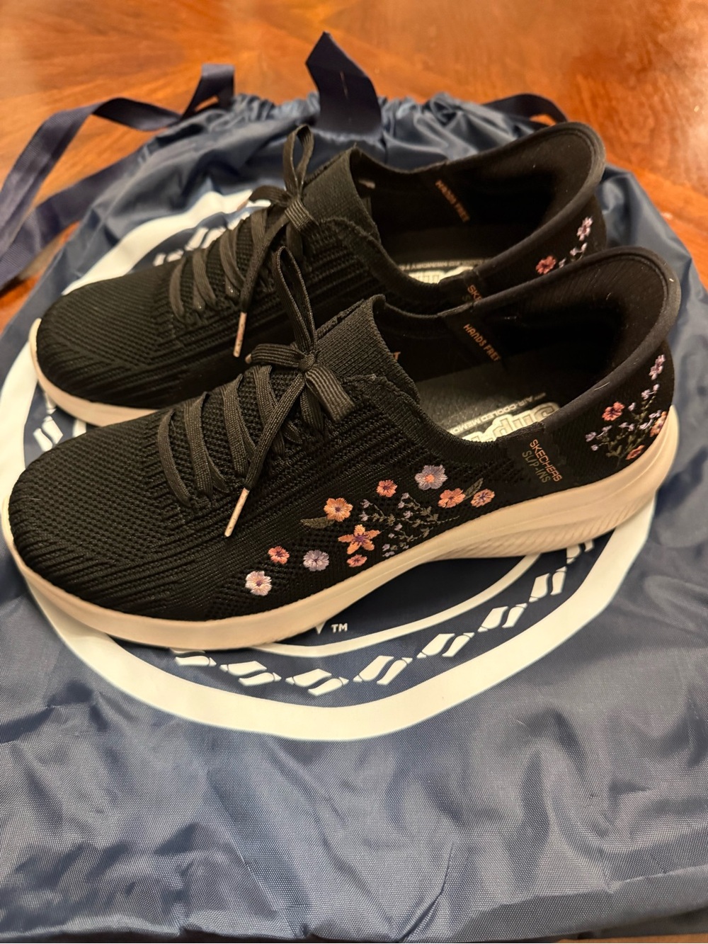 Skechers Black Knit Slip-On Sneakers with Pink Floral Embroidery